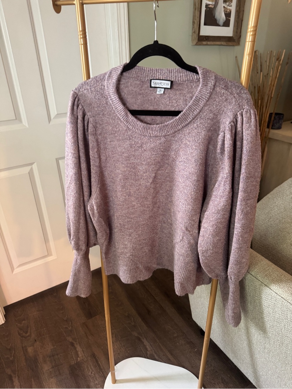 Sam & Jess Dusty Rose Puff-Sleeve Crewneck Sweater
